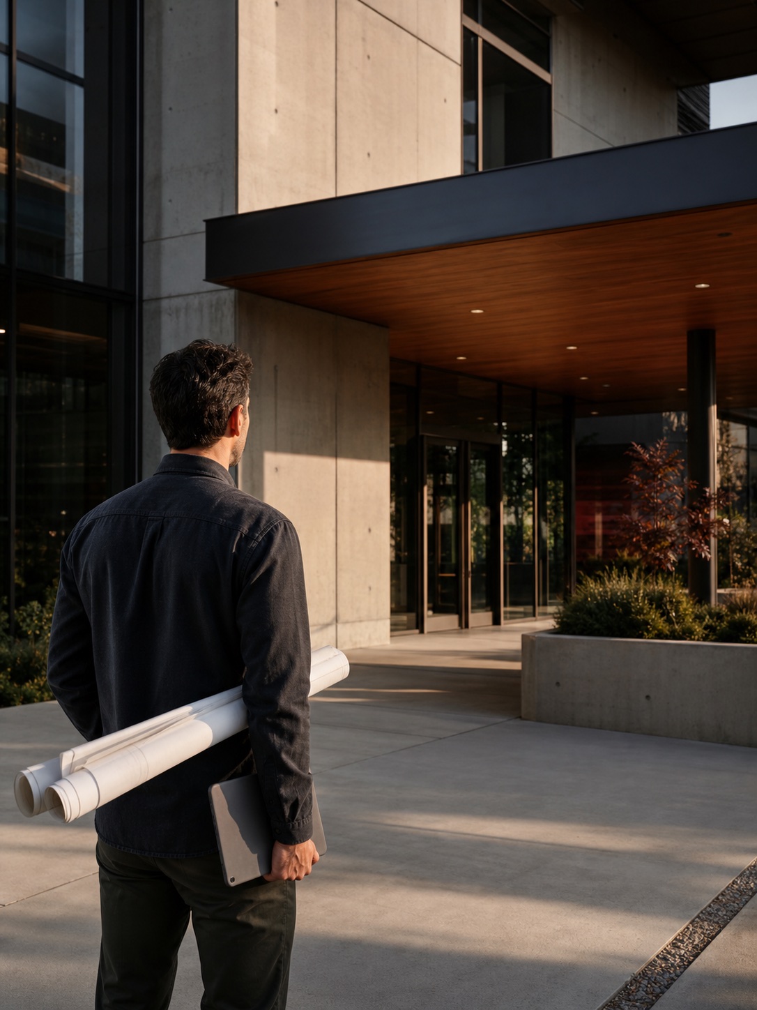 Permit consultant carrying plan sets at a commercial building